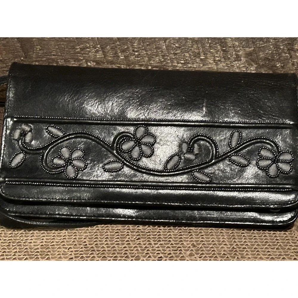 Brighton Black Leather Floral Embroidery Beaded Large Organizer Wallet Crossbody